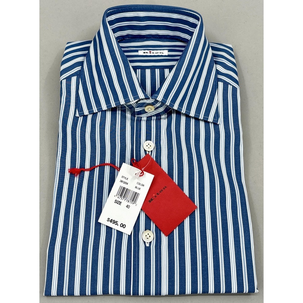 Kiton Shirt Men 15.75 40 Blue Stripe Long Sleeve Button Up Dress Cotton NWT $495